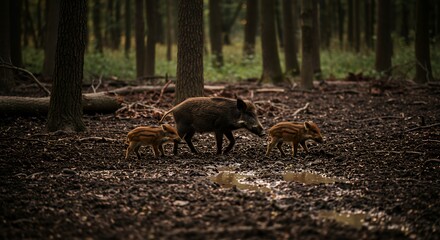Wild Boar with Piglets Walking Through Forest Muddy Landscape