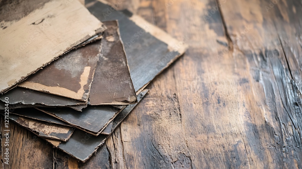 Poster Weathered and worn stack of old paper sheets resting on a wooden surface : Generative AI