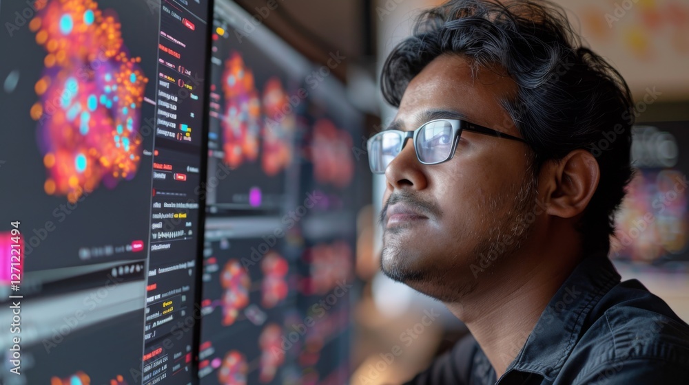 Aufkleber A professional data analyst focuses intently on colorful visualizations displayed on multiple screens in a bright office setting, analyzing information for insights.
