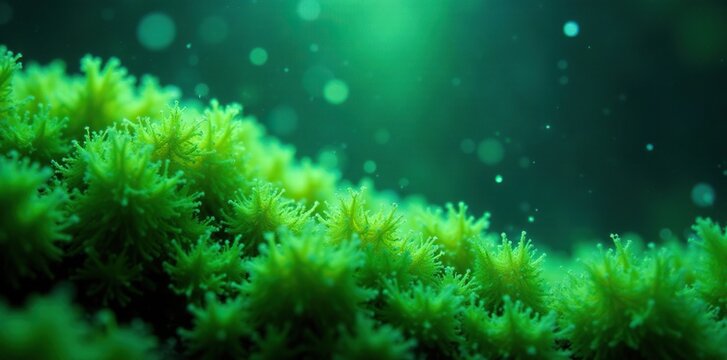 Spiruline algae in paillette texture with gradient effects and aquatic plants, water chemistry, sparkles, spiruline