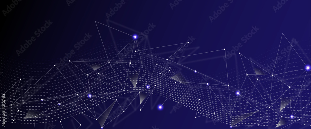 Poster abstract digital network with interconnected lines and dots on a deep blue background