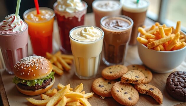 Close-up shot of assorted junk food burger, fries, milkshake, cookies. Unhealthy ultra processed snacks with high caloric value, low nourishment. Sweet, savory flavors, tempting taste. Food market