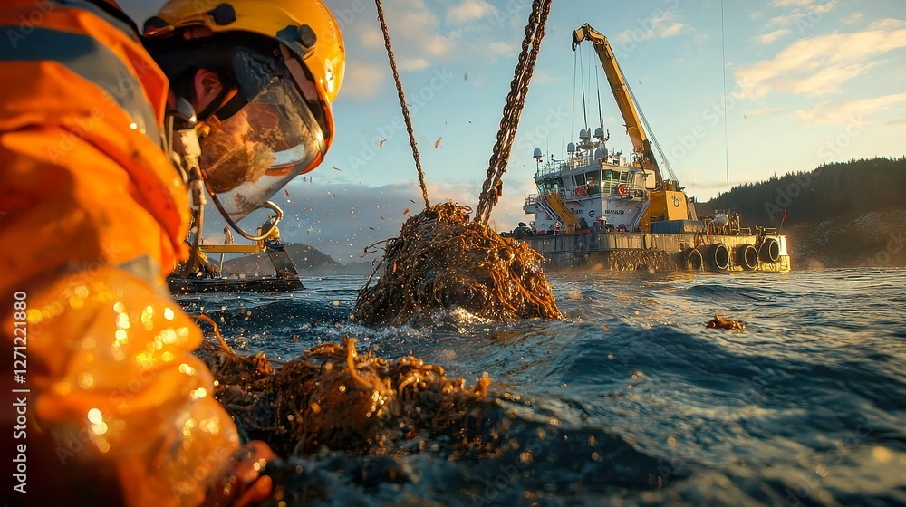Poster dredge operator in waterway maintenance, engaged in sediment removal, navigation channel upkeep, pro
