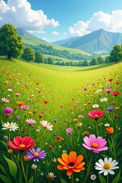 Rasengitter covered with colorful wildflowers, meadow, landscape