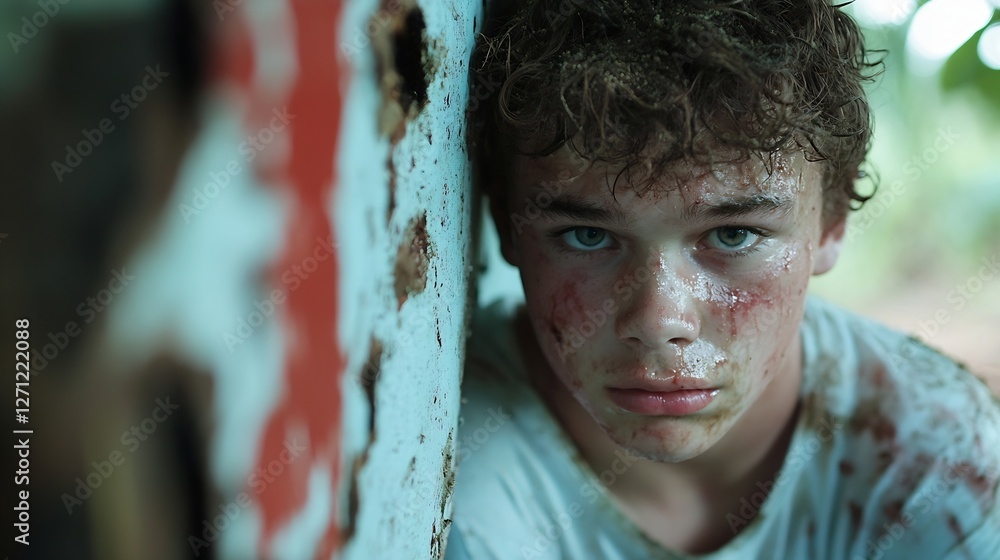 Poster closeup of a young boy with a distressed expression covered in dirt and grime leaning against a surf