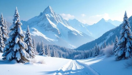 Winter wonderland in the snow-capped mountains with frozen trees and frosty air, icy terrain, frosted trees, cold weather landscapes
