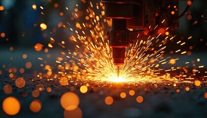 Industrial laser cuts steel, creating sparks, bokeh effect. Automated welding, metalwork on industry factory. Bright fiery light of grinder burn. Repairing, metal processing. Sparks, flames flying
