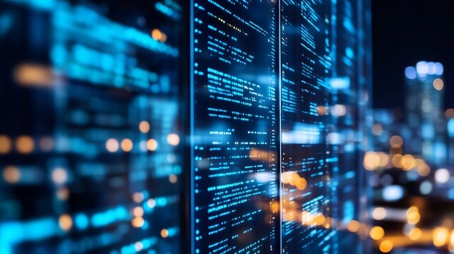 Futuristic digital data displayed on a glowing screen creating a techsavvy environment : Generative AI - Powered by Adobe