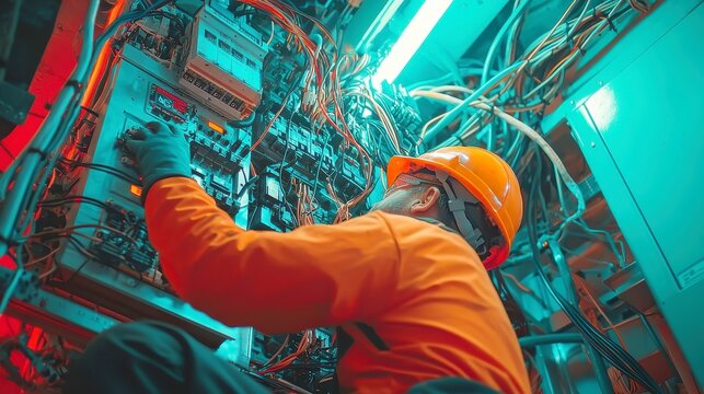 Industrial Electrician at Work, skilled technician installing wiring systems, diagnosing electrical issues, maintaining safety standards, ensuring efficient operations in complex facilities