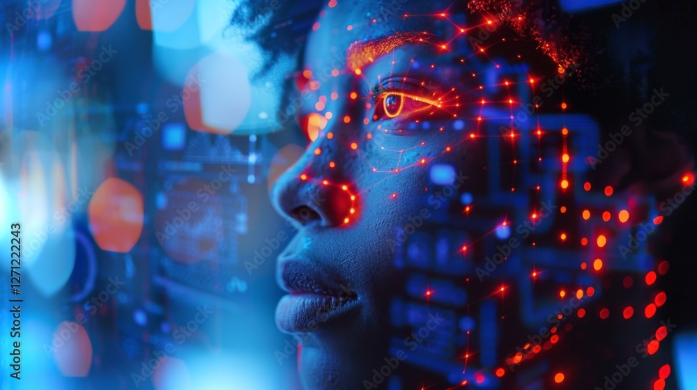 Aufkleber A young individual gazes thoughtfully while surrounded by a blend of colorful digital imagery and data points, highlighting the relationship between technology and self identity in a modern context.