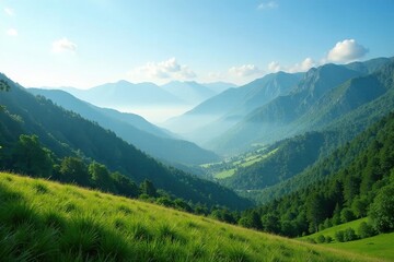 Fototapeta premium Azure sky meets green mountain terrain as misty morning veils the landscape, aurelia, azure, morning