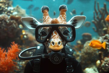 Giraffe in scuba gear exploring coral reef underwater scene