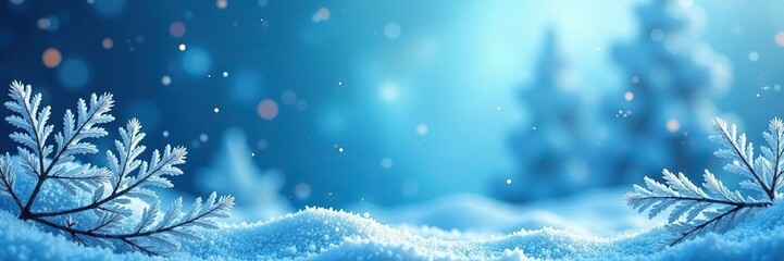 Icy blue Christmas scene with snowflakes and frosty branches, decorative elements, wintry scenery
