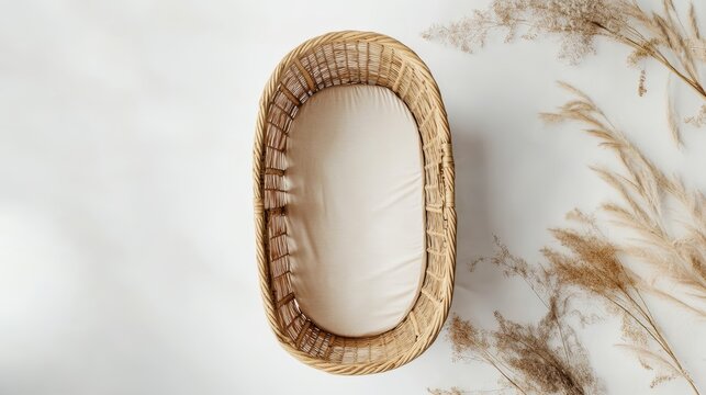 Natural Bassinet on Clean White Background with Pampas Grass Accents