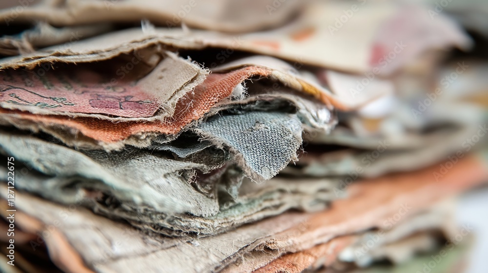 Aufkleber closeup view of layered and textured colorful old fabric scraps piled together artistically : genera