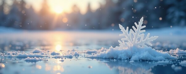 Snowflakes gently falling on a frozen lake in the morning, serene, snowflake