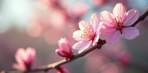 Obraz premium Almond blossoms unfurl slowly as sunlight warms their delicate petals, bloom, flowers,