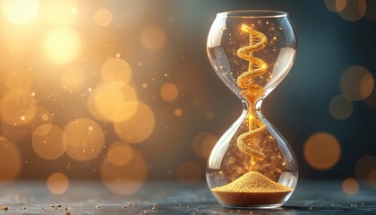 Hourglass intertwined with DNA helix on digital bokeh background symbolizes time and genetics relationship. Modern concept of life continuum and aging processes. Genetic research and pharma industry.