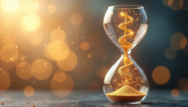 Hourglass intertwined with DNA helix on digital bokeh background symbolizes time and genetics relationship. Modern concept of life continuum and aging processes. Genetic research and pharma industry. - Powered by Adobe