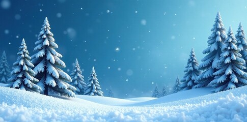 Fototapeta premium Winter landscape with blue and white snowflakes and evergreen trees, white, fir