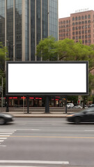 A large billboard mockup in an urban setting, with a white blank space for ads. The realistic cityscape with traffic enhances the authentic promotional atmosphere.