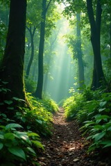 Obraz premium Ancient Indonesian forest with Zodia leaves scattered on the ground, herbal remedy, tropical forest, Papua