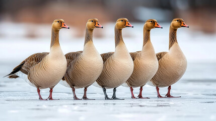 Five Golden Geese Standing Frozen