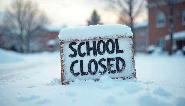 Snow covered school closed sign. Winter weather conditions. School closure during winter storm, snowy street, heavy snowfall, blizzard. Education cancellation, cold climate. Ice, frost covering wood