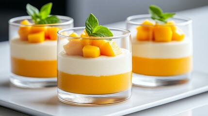 Delicious mango parfait with fresh cubes and mint garnish in elegant glasses