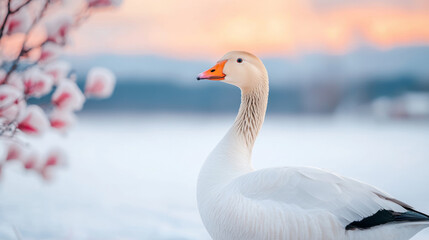 serene golden goose stands gracefully in snowy landscape at sunset