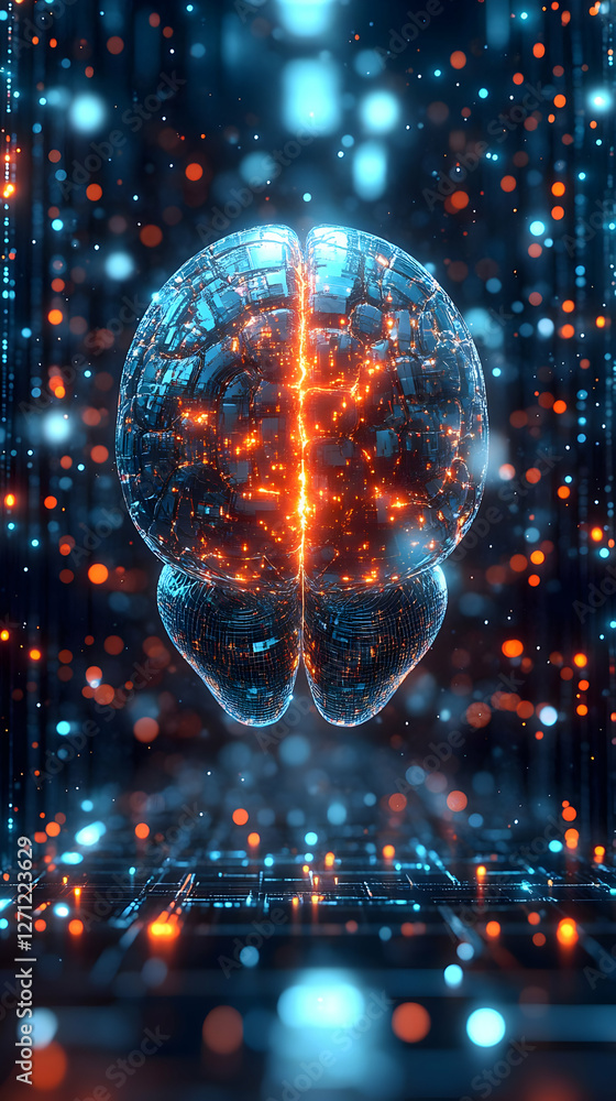 Poster digital brain model with glowing network
