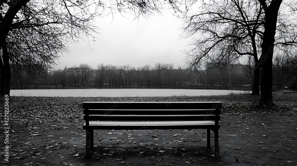 Poster A lonely park bench overlooking a tranquil lake surrounded by leafless trees in a foggy atmosphere : Generative AI