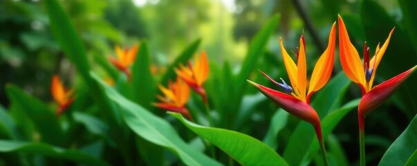 Colorful heliconia flowers in a lush green garden, foliage, floral, blooms