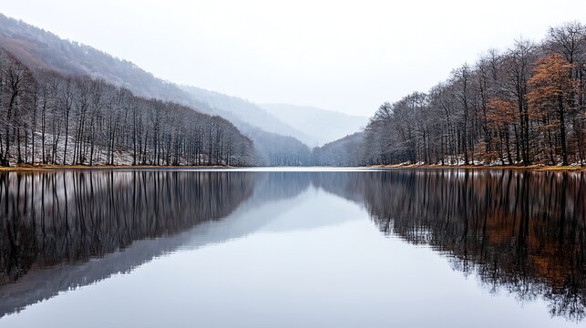 A quiet winter lake surrounded by bare trees and mountains creating a serene reflection : Generative AI