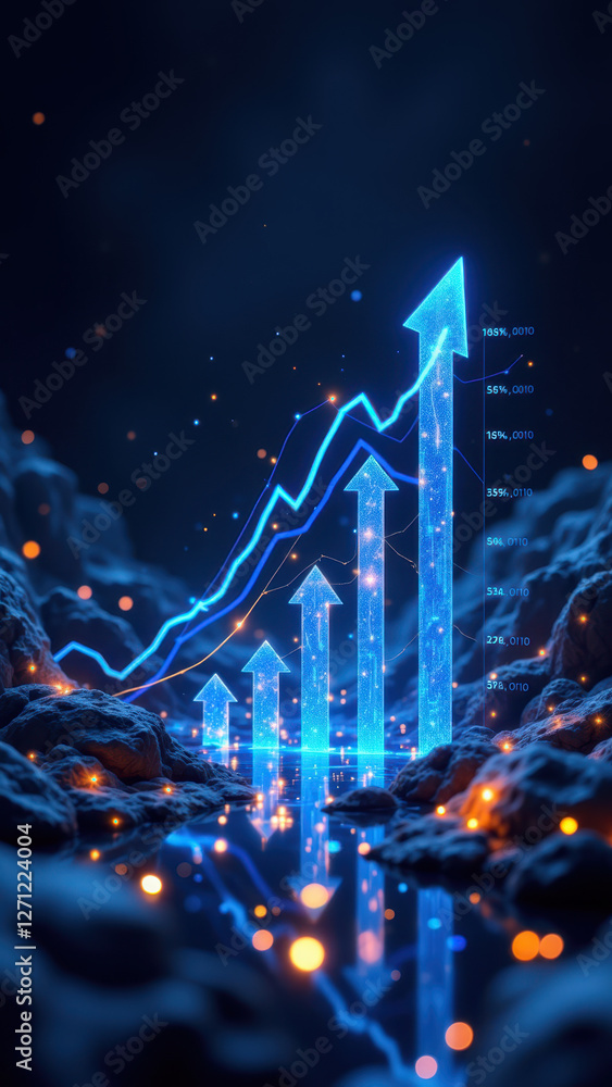 Poster a dynamic visualization of financial growth with a focus on rising bars and graph charts set against