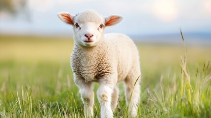 Fototapeta premium Adorable fluffy lamb standing in a lush green field showcasing innocence and charm : Generative AI