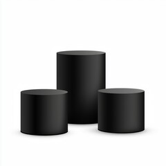 A realistic illustration of three black cylindrical podiums of varying heights, matte finish, arranged on white background, minimalist and modern design.