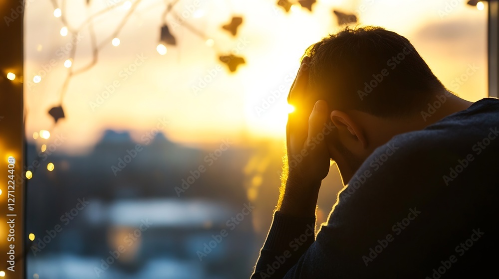Aufkleber pensive man with head in hands looking out at sunset through a window filled with warm light : gener