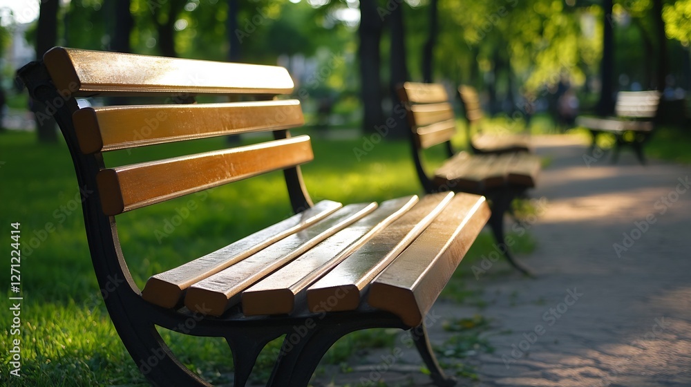 Poster serene park view with wooden benches illuminated by warm sunlight during a peaceful afternoon : gene