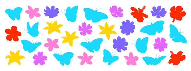 Various flowers and morpho butterflies on transparent background, silhouette illustrations, tropical illustration collection
