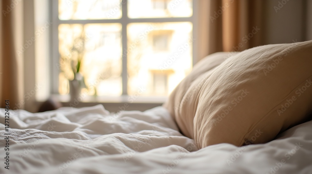 Leinwandbilder Cozy Bedroom with Soft Pillows and Warm Sunlight Streaming Through the Window Creating a Relaxing Atmosphere : Generative AI
