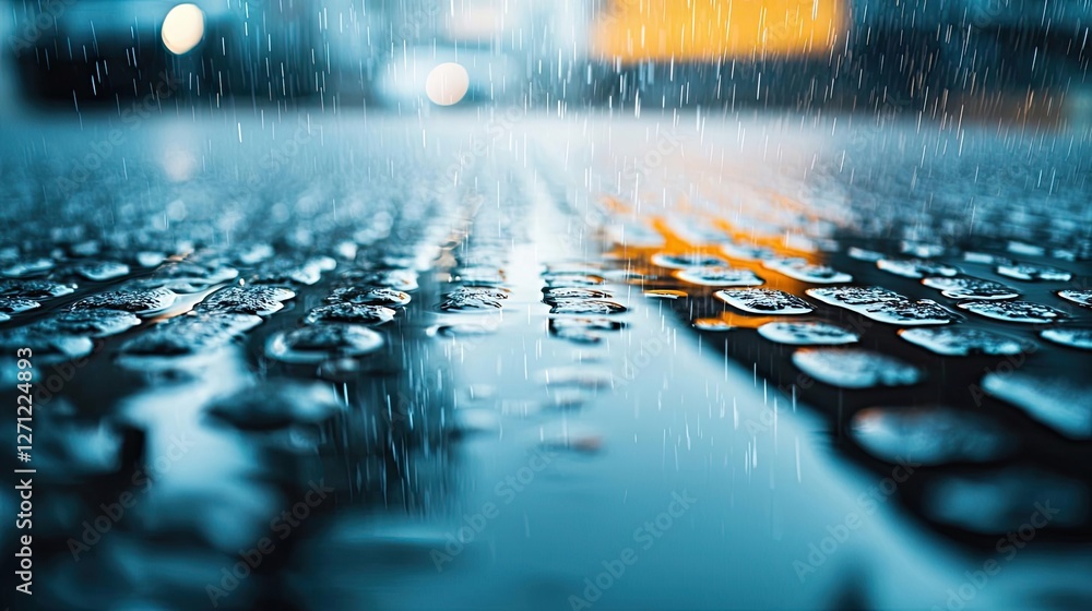 Poster acid rain climate change concept. close-up of raindrops on a wet surface, reflecting light in a mood