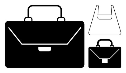Black and white solid and outline briefcase icons. Ideal for business, office work, professional settings, organization, travel, academic use, presentations. Clean abstract line flat metaphor