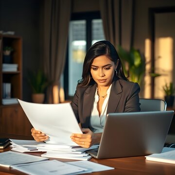 Una mujer hispana sentada en un escritorio, revisando documentos con una expresi&oacute;n seria