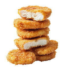 Crispy chicken nuggets stacked high, showcasing golden brown exterior and tender white meat inside, perfect for delicious snack or meal