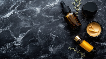 Stylish composition of luxury skincare items on dark marble surface, featuring dropper bottle, cream jar, and oil bottle, evoking sense of elegance and self care