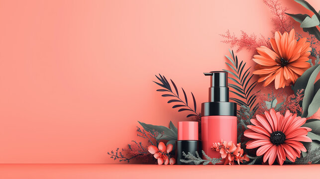 Vibrant skincare products surrounded by colorful flowers on coral background, showcasing beauty and freshness. Perfect for promoting skincare routines and self care