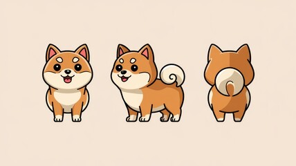 Fototapeta premium Cute Cartoon-Style Shiba Inu Character in Front, Side, and Back Views on a Light Beige Background Generative aI