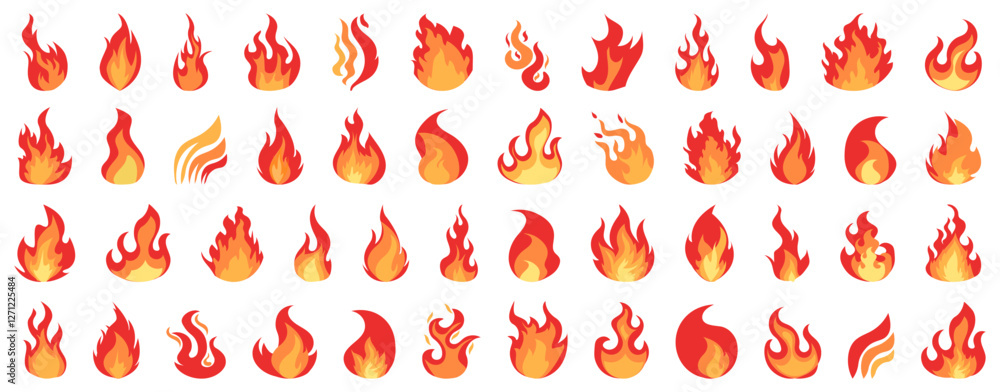 Poster big set of different fire flames in a flat design