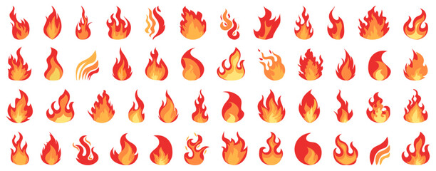 Big set of different fire flames in a flat design